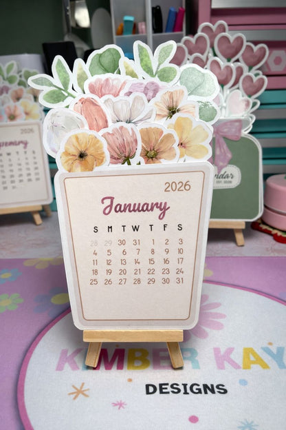 Stacked Desk Calendar with Wooden Easel | Floral Illustrated Yearly Calendar