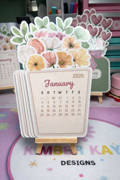 Stacked Desk Calendar with Wooden Easel | Floral Illustrated Yearly Calendar
