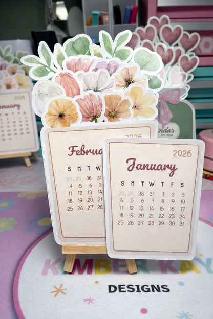 Stacked Desk Calendar with Wooden Easel | Floral Illustrated Yearly Calendar