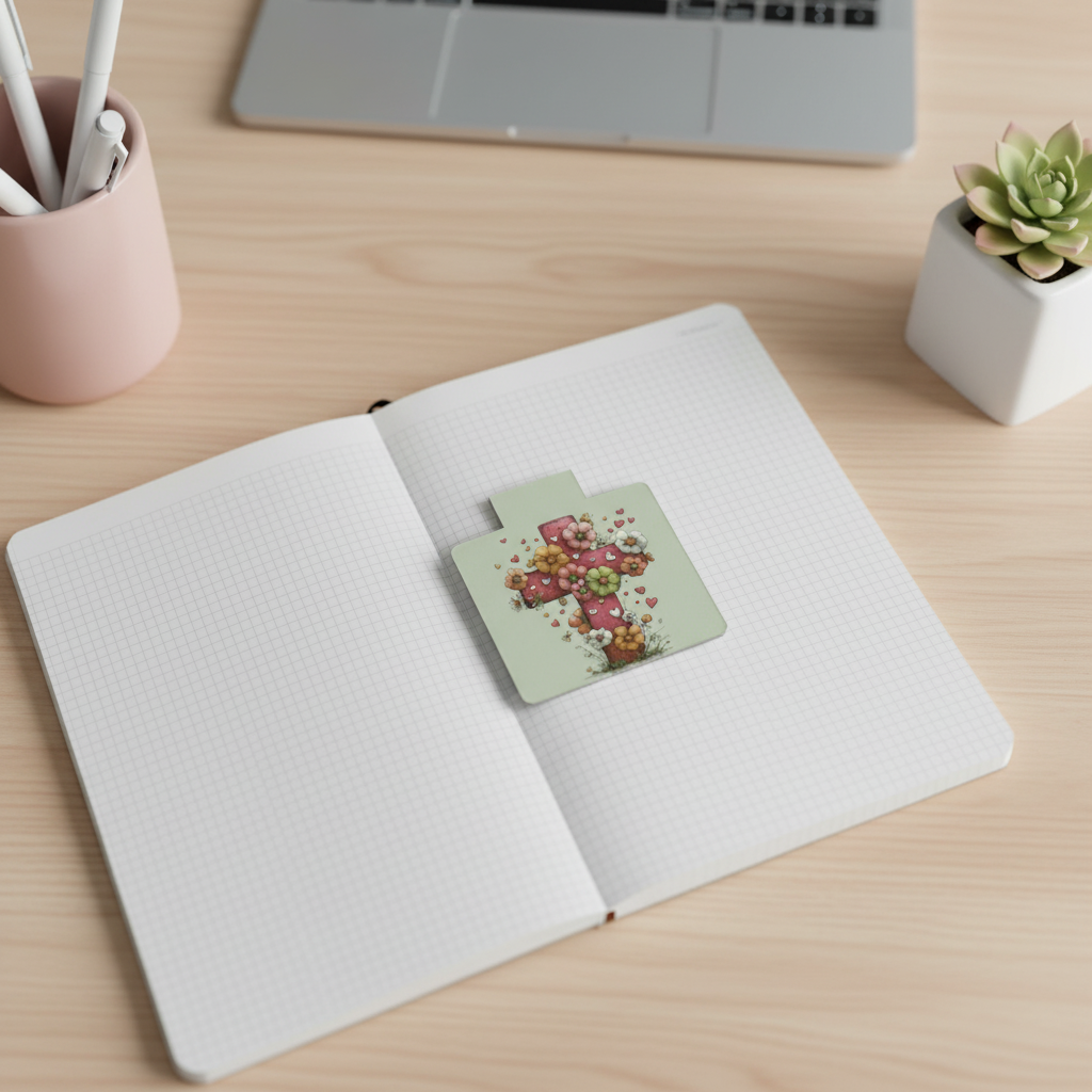 Grace Blooms Here Floral Cross Magnetic Bookmark | Green Christian Bookmark with Hearts