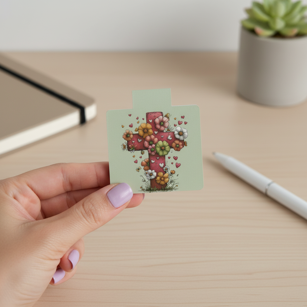 Grace Blooms Here Floral Cross Magnetic Bookmark | Green Christian Bookmark with Hearts