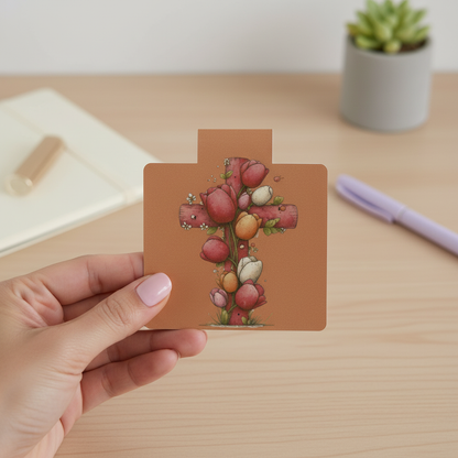 Grace Blooms Here Tulip Cross Magnetic Bookmark | Brown Christian Floral Bookmark
