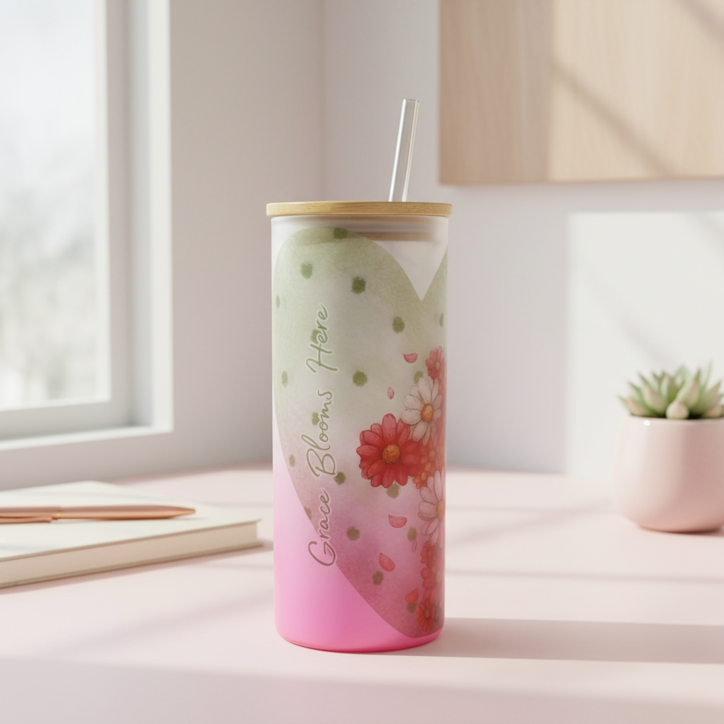 Grace Blooms Here 20oz Glass Cup | Christian Tumbler | Faith Floral Glass Can | Easter Gift Cup | Frosted Ombre Pink Glass