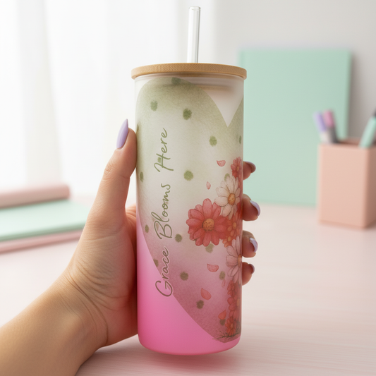 Grace Blooms Here 20oz Glass Cup | Christian Tumbler | Faith Floral Glass Can | Easter Gift Cup | Frosted Ombre Pink Glass