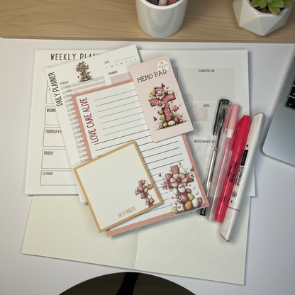 Grace Blooms Here Deluxe Collection Bundle | Christian Stationery Gift Set + Tumbler | Faith-Based Floral Cross Bundle | Complete Desk Set