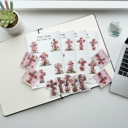 Grace Blooms Here Deluxe Collection Bundle | Christian Stationery Gift Set + Tumbler | Faith-Based Floral Cross Bundle | Complete Desk Set