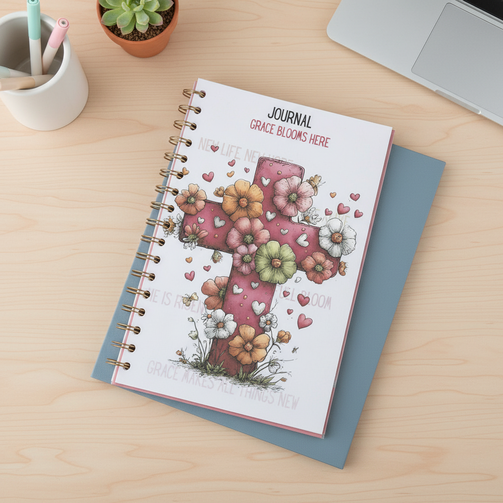 Grace Blooms Here Journal | Christian Spiral Journal 6x9 | Floral Cross Faith Journal | Prayer Journal | Devotional Notebook