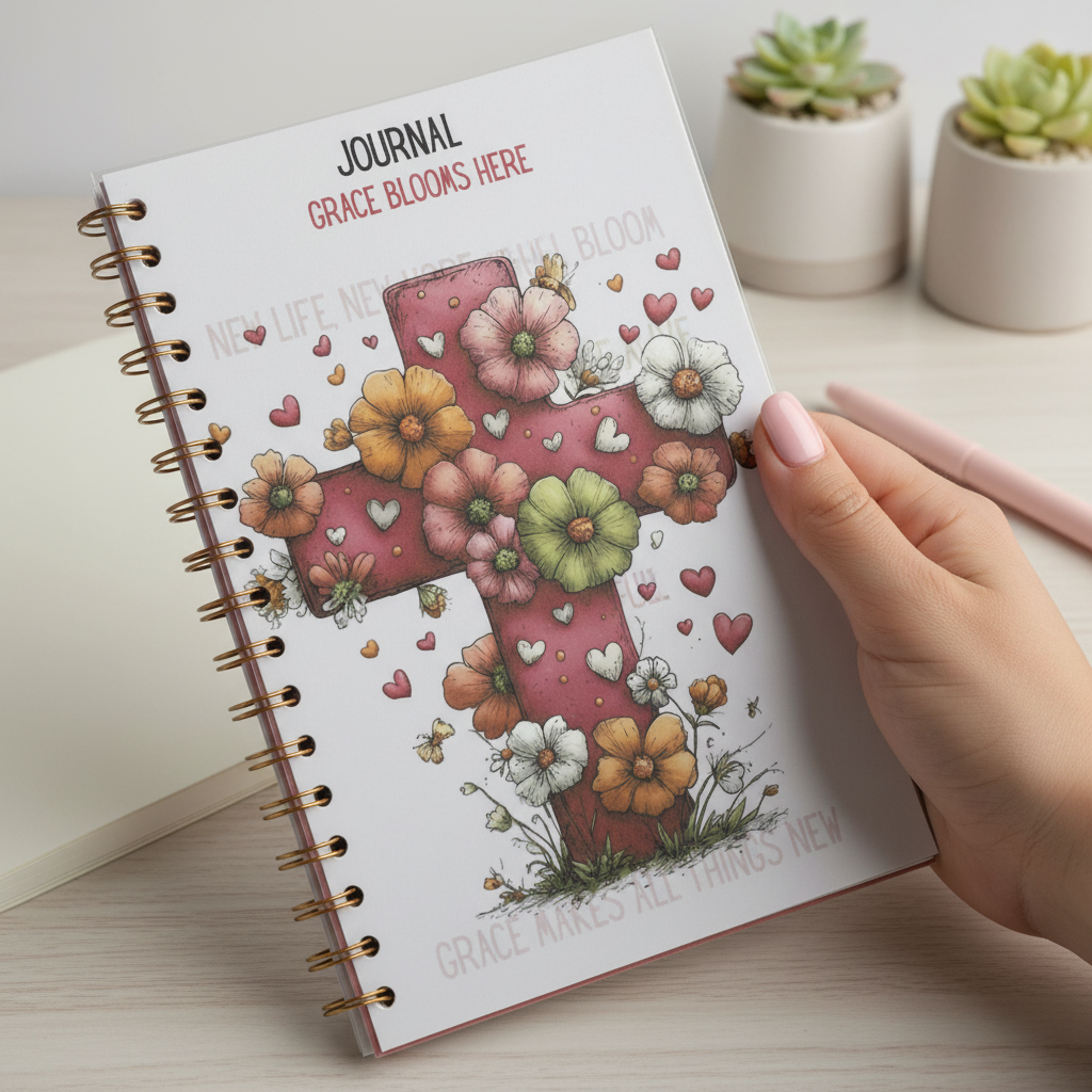 Grace Blooms Here Journal | Christian Spiral Journal 6x9 | Floral Cross Faith Journal | Prayer Journal | Devotional Notebook