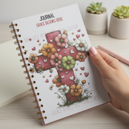 Grace Blooms Here Journal | Christian Spiral Journal 6x9 | Floral Cross Faith Journal | Prayer Journal | Devotional Notebook