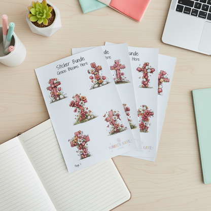 Grace Blooms Here Sticker Bundle | Christian Floral Cross Stickers | 20 Piece Gloss Vinyl Set | Faith Stickers | Easter Gift