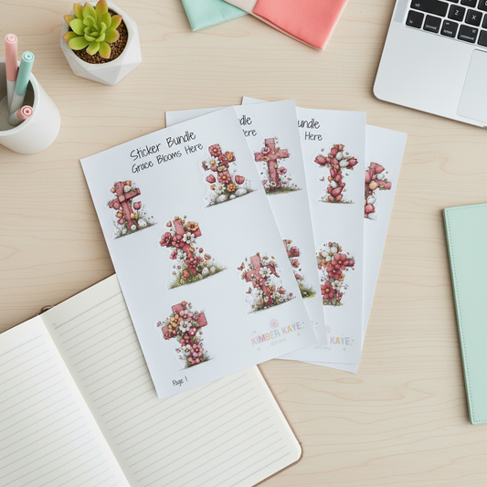 Grace Blooms Here Sticker Bundle | Christian Floral Cross Stickers | 20 Piece Gloss Vinyl Set | Faith Stickers | Easter Gift