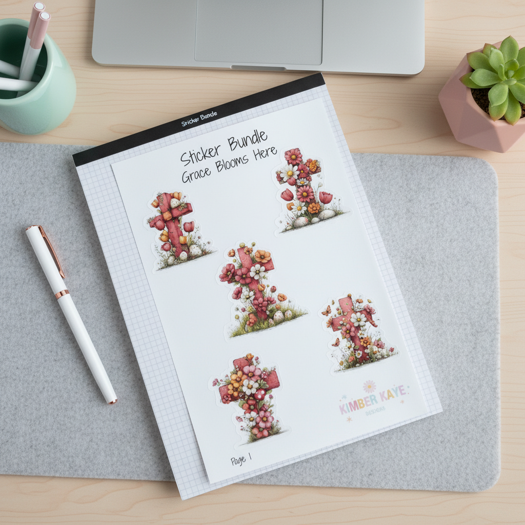 Grace Blooms Here Sticker Bundle | Christian Floral Cross Stickers | 20 Piece Gloss Vinyl Set | Faith Stickers | Easter Gift