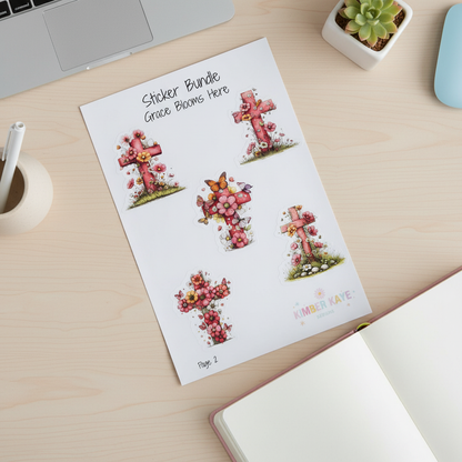 Grace Blooms Here Sticker Bundle | Christian Floral Cross Stickers | 20 Piece Gloss Vinyl Set | Faith Stickers | Easter Gift