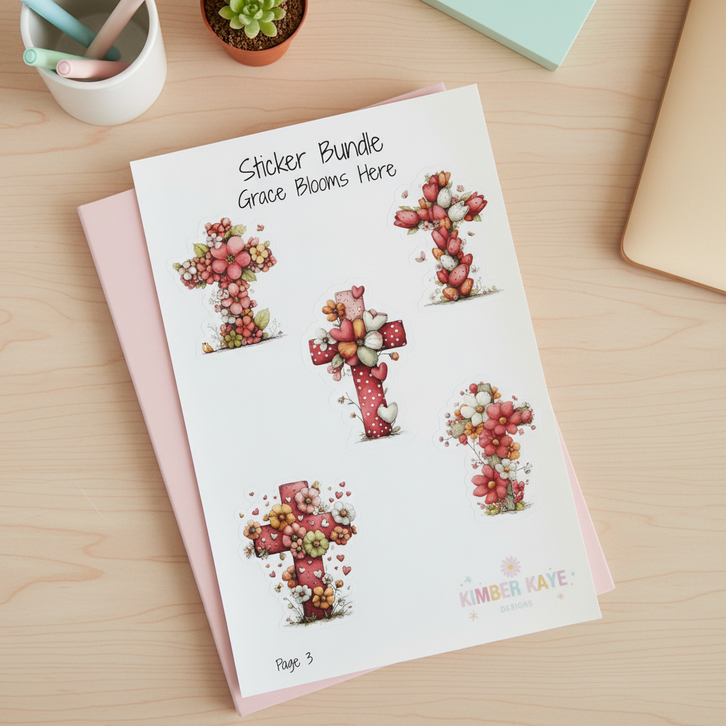 Grace Blooms Here Sticker Bundle | Christian Floral Cross Stickers | 20 Piece Gloss Vinyl Set | Faith Stickers | Easter Gift