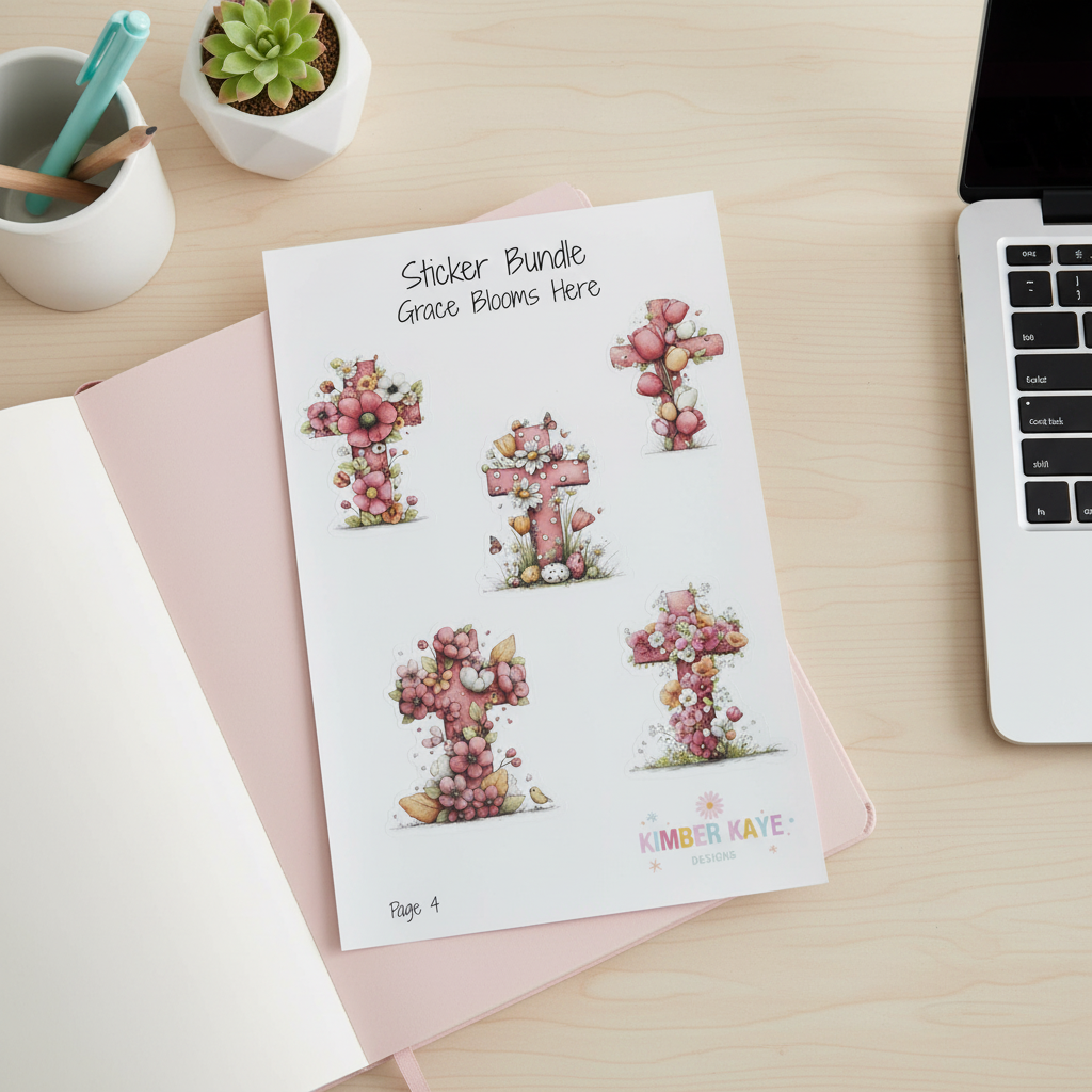 Grace Blooms Here Sticker Bundle | Christian Floral Cross Stickers | 20 Piece Gloss Vinyl Set | Faith Stickers | Easter Gift