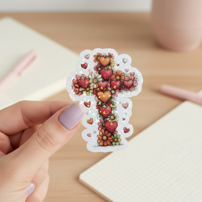 Grace Blooms Here Sticker | Christian Floral Cross Sticker | Holographic Faith Sticker | Waterproof Vinyl | Easter Gift