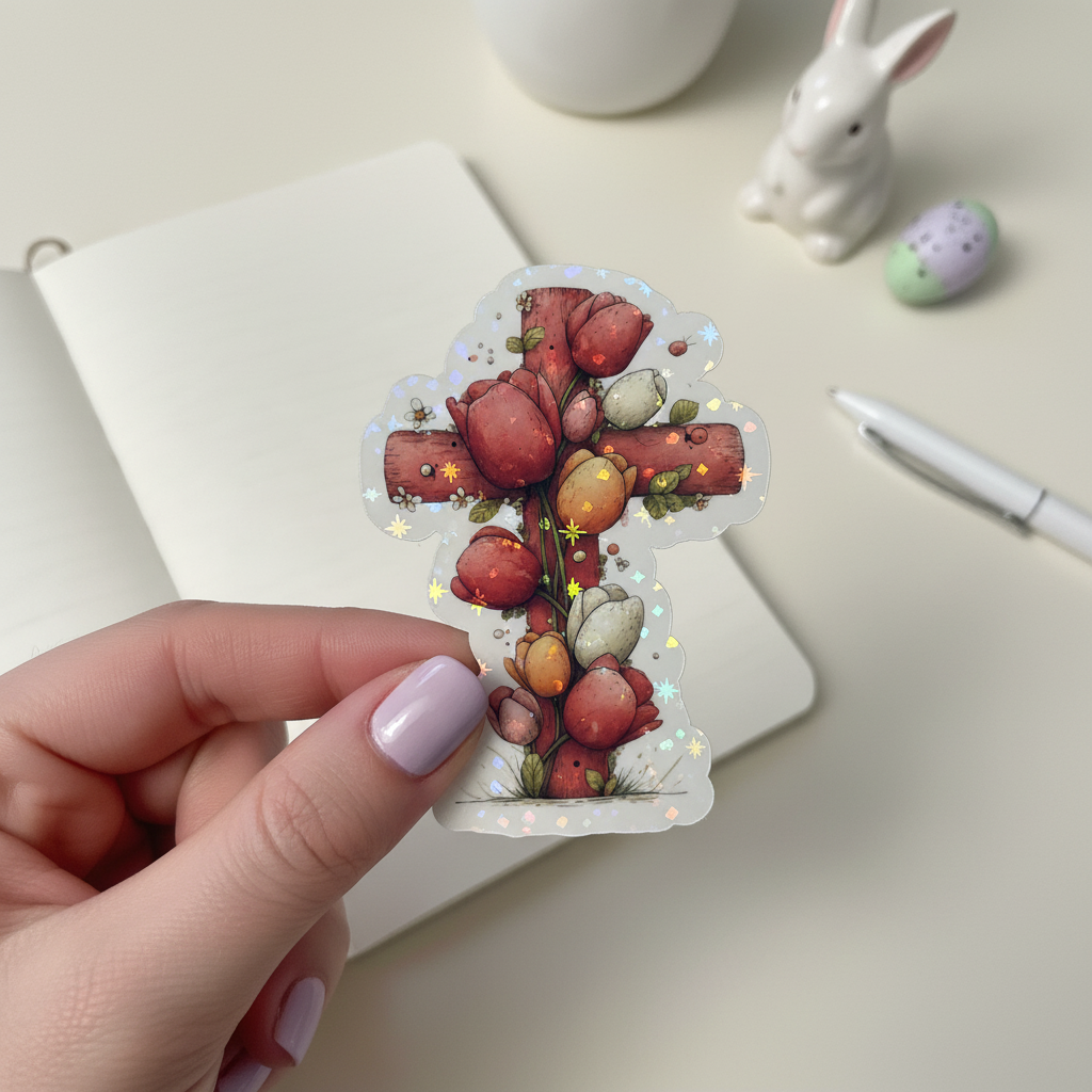 Grace Blooms Here Sticker | Christian Floral Cross Sticker | Holographic Faith Sticker | Waterproof Vinyl | Easter Gift