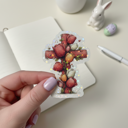 Grace Blooms Here Sticker | Christian Floral Cross Sticker | Holographic Faith Sticker | Waterproof Vinyl | Easter Gift