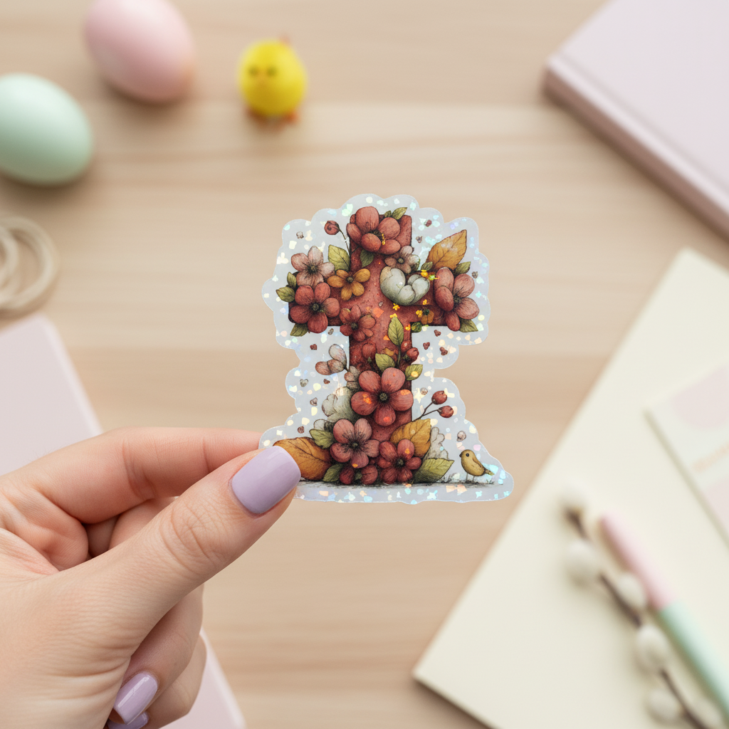 Grace Blooms Here Sticker Set | Christian Floral Cross Stickers Set | Holographic Faith Stickers | Waterproof Vinyl | Easter Gift Set