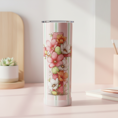 Grace Blooms Here 20oz Skinny Tumbler | Christian Floral Cross Tumbler | Faith-Based Easter Cup | Spring Drinkware Gift