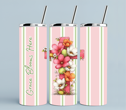 Grace Blooms Here 20oz Skinny Tumbler | Christian Floral Cross Tumbler | Faith-Based Easter Cup | Spring Drinkware Gift