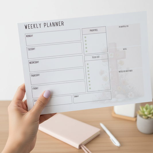 Grace Blooms Here Weekly Planner | Christian Weekly Desk Planner Pad | Faith-Based Floral Cross Layout | 11x8.5 Productivity Planner