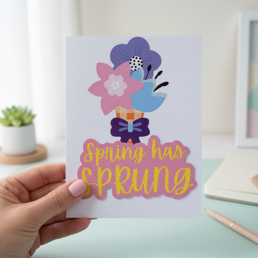 Spring Has Sprung Greeting Card with Envelope | Cute Floral Spring Card | Pastel Stationery | Blank Inside Card