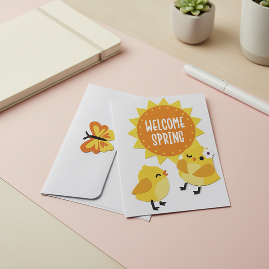 Welcome Spring Chick Greeting Card with Envelope | Cute Spring Card | Baby Chick Card | Pastel Stationery | Blank Inside