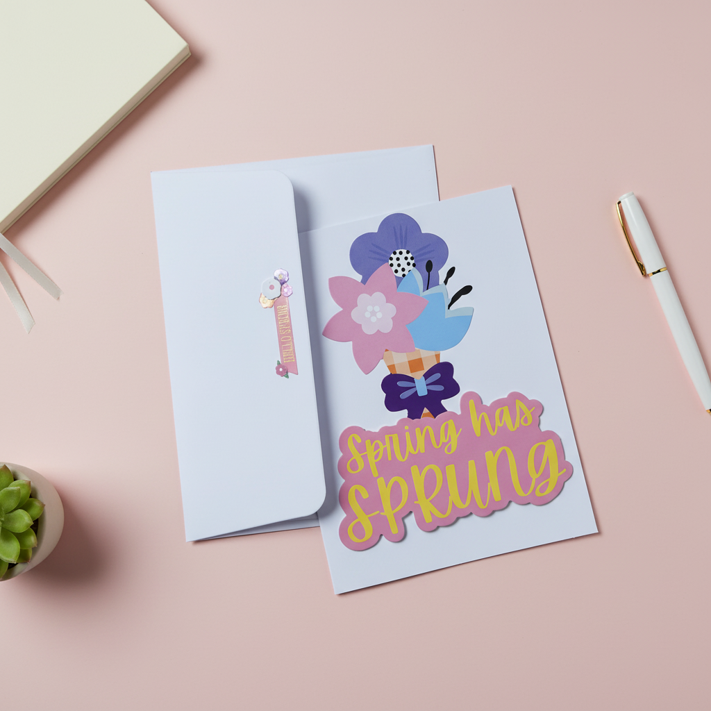 Spring Has Sprung Greeting Card with Envelope | Cute Floral Spring Card | Pastel Stationery | Blank Inside Card