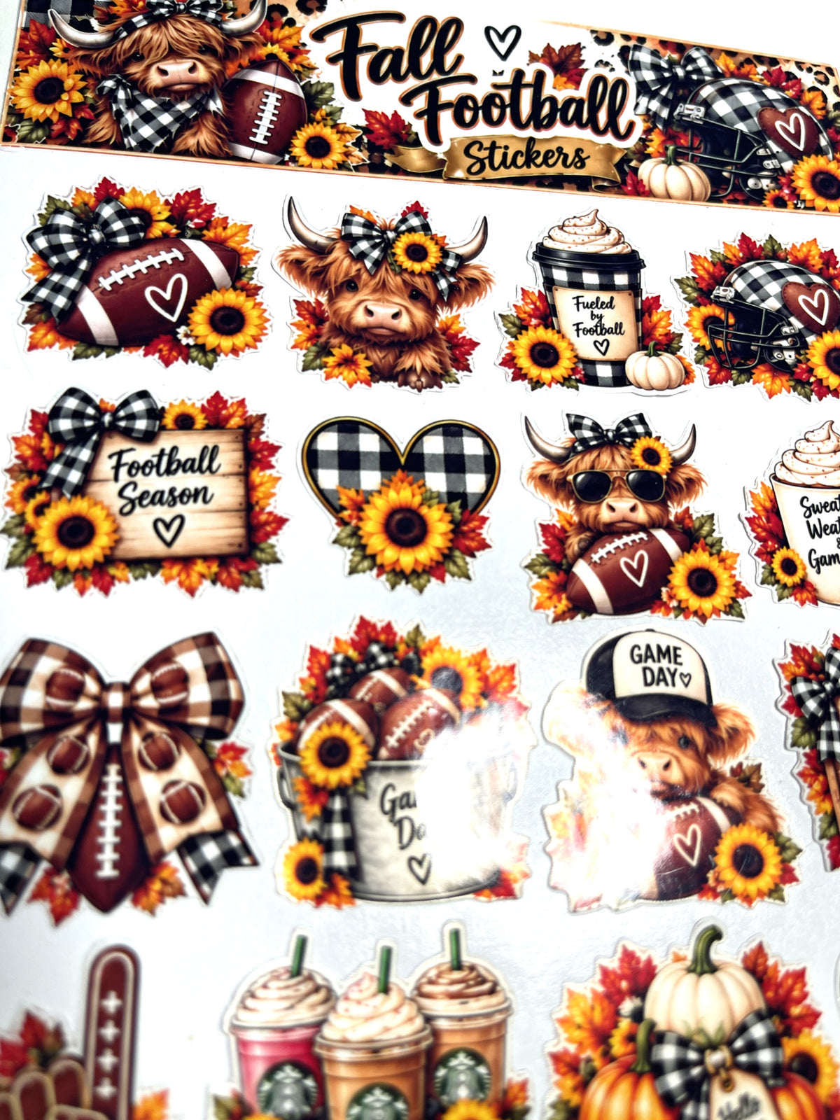 All About Fall Sticker Sheet | Highland Cow & Game Day Stickers | 6" × 9"