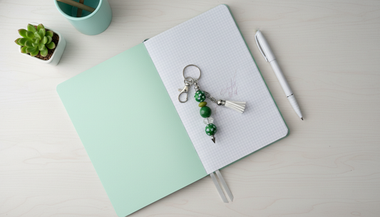 Green Shamrock Beaded Keychain with White Tassel | Lucky Clover Charm Keyring | 3” Purse & Backpack Accessory