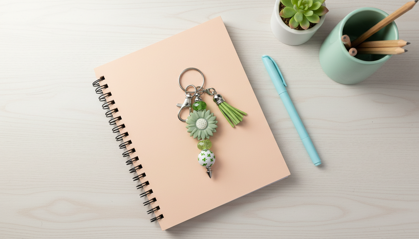 Mint Green Flower Beaded Keychain with Clover Beads & Tassel | Lucky Shamrock Purse Charm | 3” Decorative Keyring