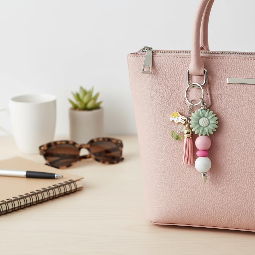 Beaded Flower Keychain with Tassel | Daisy Keychain | Pink & Green Keychain Charm | Spring Keychain | Purse Charm