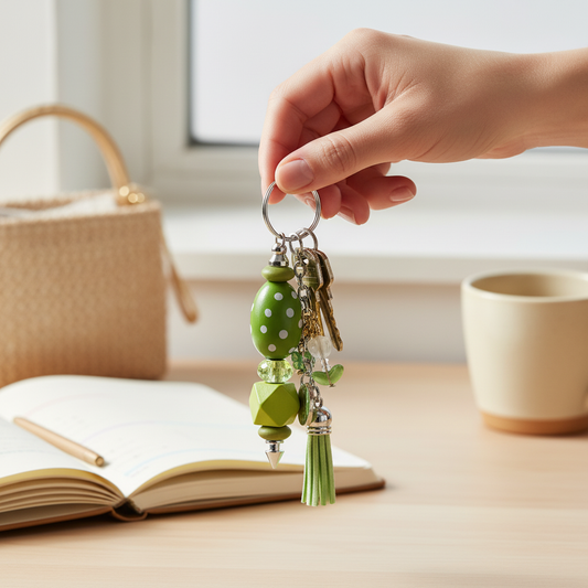 Beaded Keychain with Tassel | Green Polka Dot Keychain | Cute Keychain Charm | Spring Keychain | Bag Charm | Kimber Kaye Designs