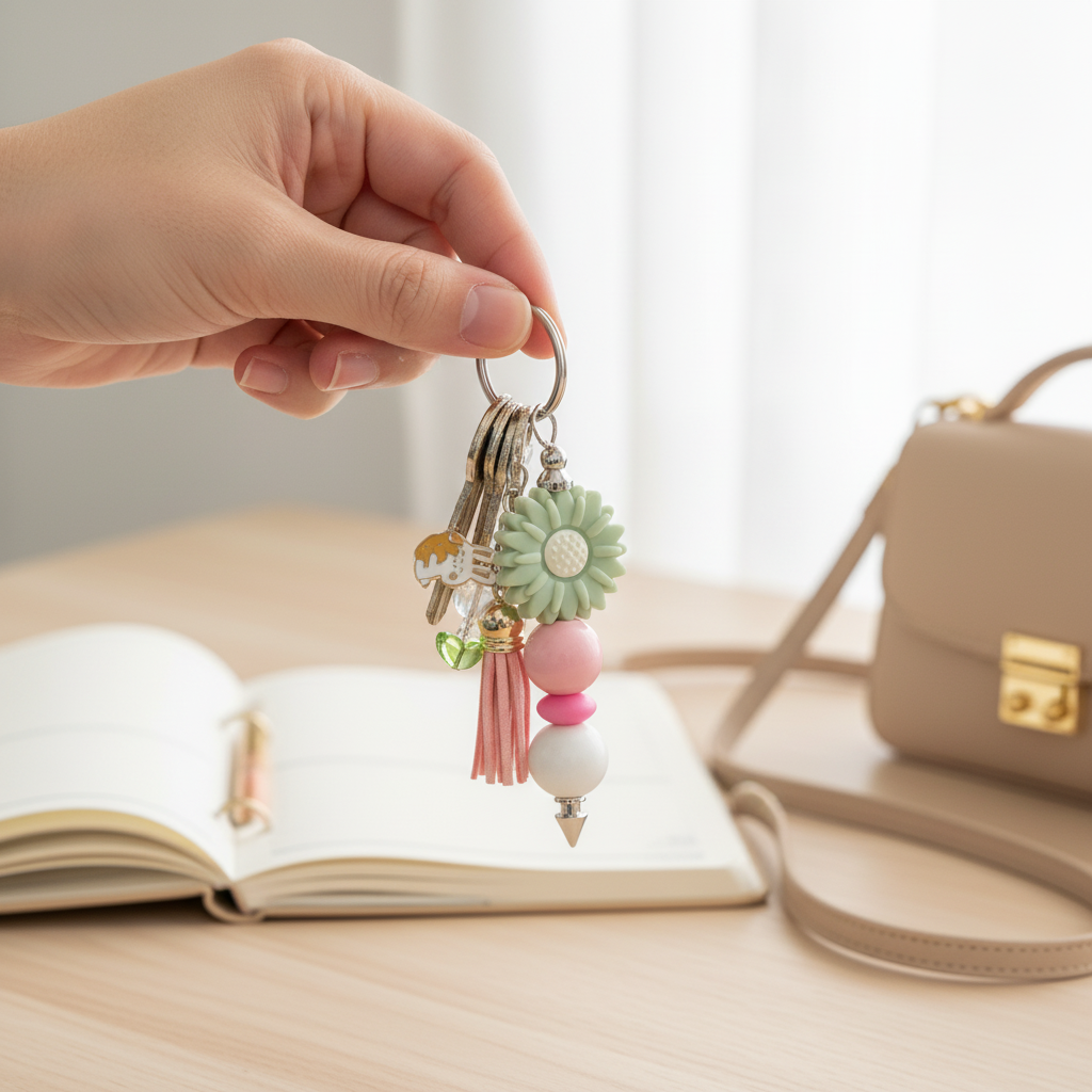 Beaded Flower Keychain with Tassel | Daisy Keychain | Pink & Green Keychain Charm | Spring Keychain | Purse Charm