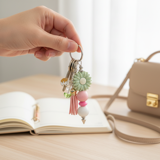 Beaded Flower Keychain with Tassel | Daisy Keychain | Pink & Green Keychain Charm | Spring Keychain | Purse Charm