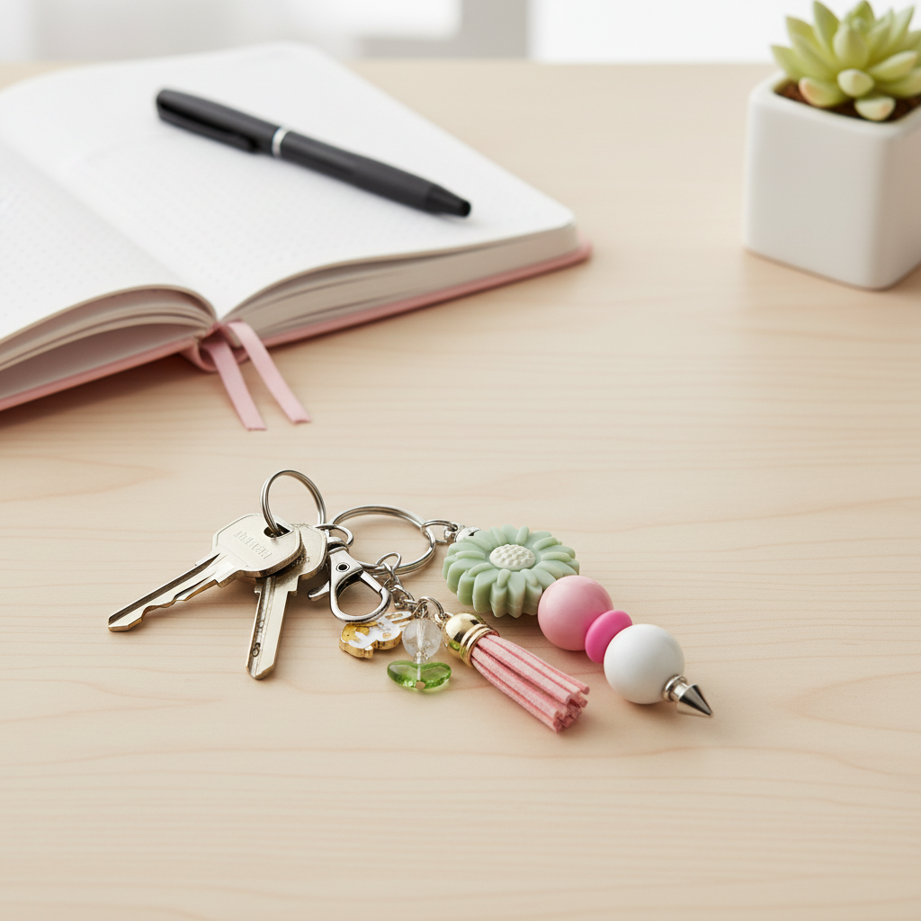 Beaded Flower Keychain with Tassel | Daisy Keychain | Pink & Green Keychain Charm | Spring Keychain | Purse Charm