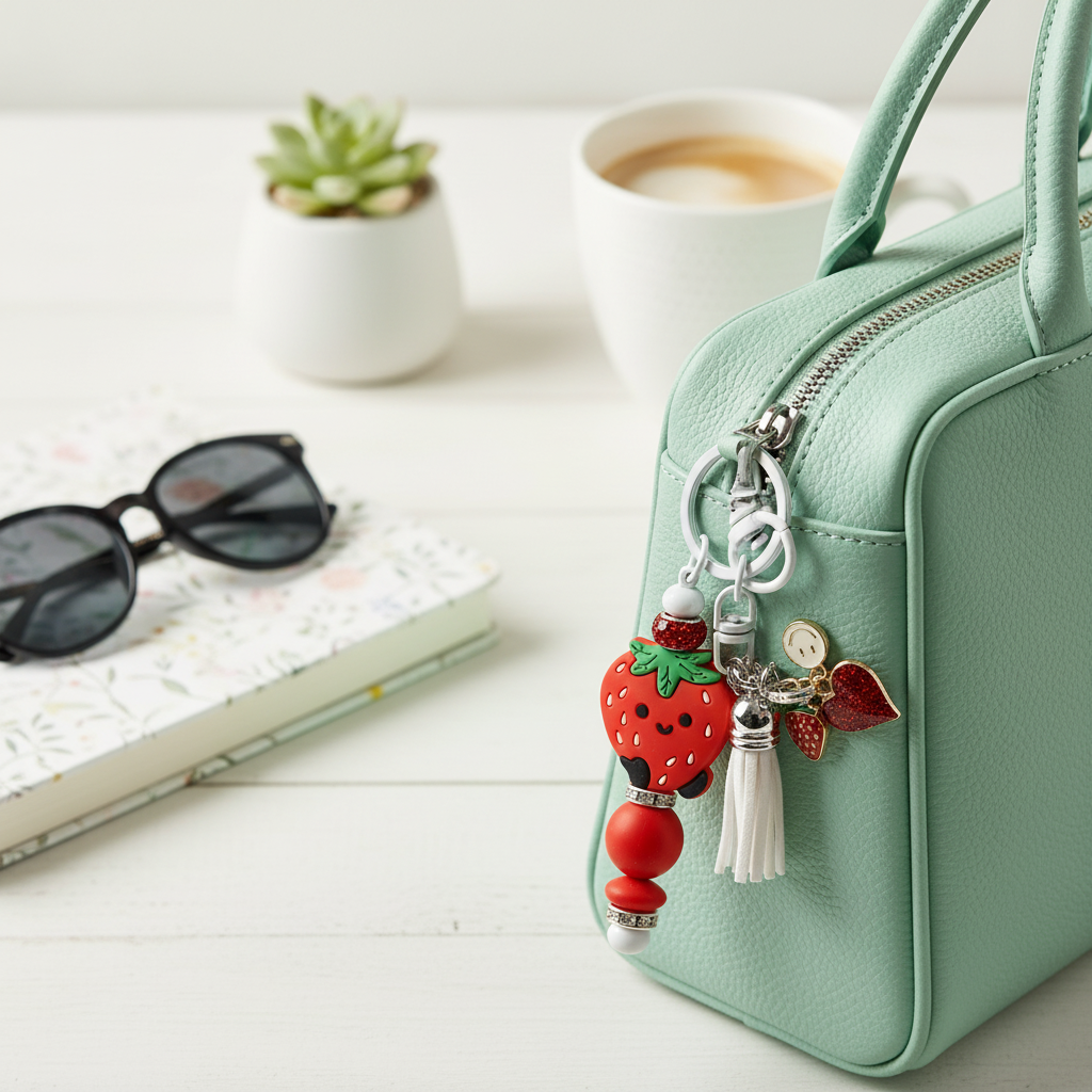 Strawberry Beaded Keychain Charm | Cute Fruit Keychain | Handmade Purse Charm | Kawaii Accessories | Gift for Her