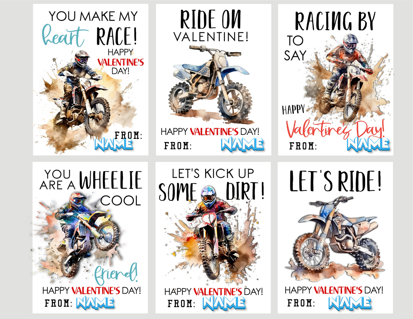 Personalized Kids Dirt Bike Valentine Cards – Motocross Classroom Valentines, Set of 6