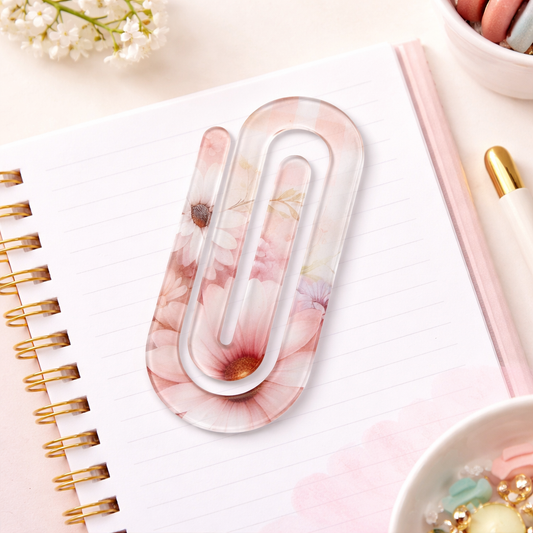Blush Floral Jumbo Acrylic Paper Clip | Soft Pink Daisy Planner Clip | Sublimated Bookmark Clip | Elegant Desk Accessories