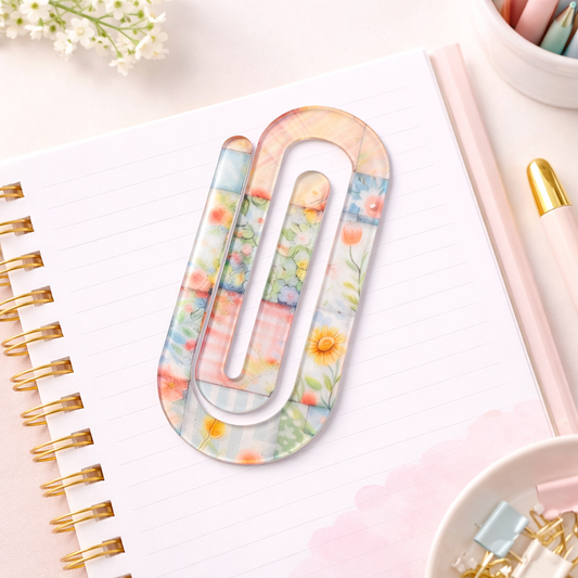 Patchwork Floral Jumbo Acrylic Paper Clip | Cottagecore Planner Clip | Vintage Quilt Style Bookmark Clip | Cute Desk Accessories