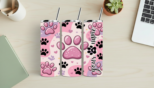 Personalized Paw Print Tumbler | Pawsitively Pink Collection | 20 oz Skinny Pet Lover Tumbler
