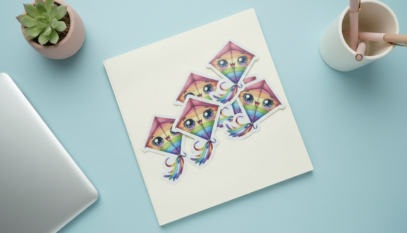 Kawaii Rainbow Kite Sticker – Cute Pastel Aesthetic Vinyl Decal for Planners, Journals & Water Bottles