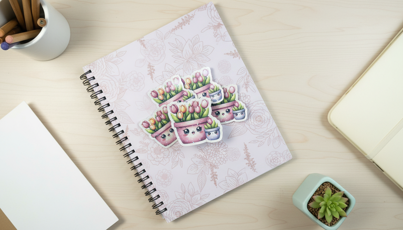 Kawaii Tulip Pot Sticker – Cute Floral Plant Vinyl Sticker (3”) for Planners, Journals & Water Bottles
