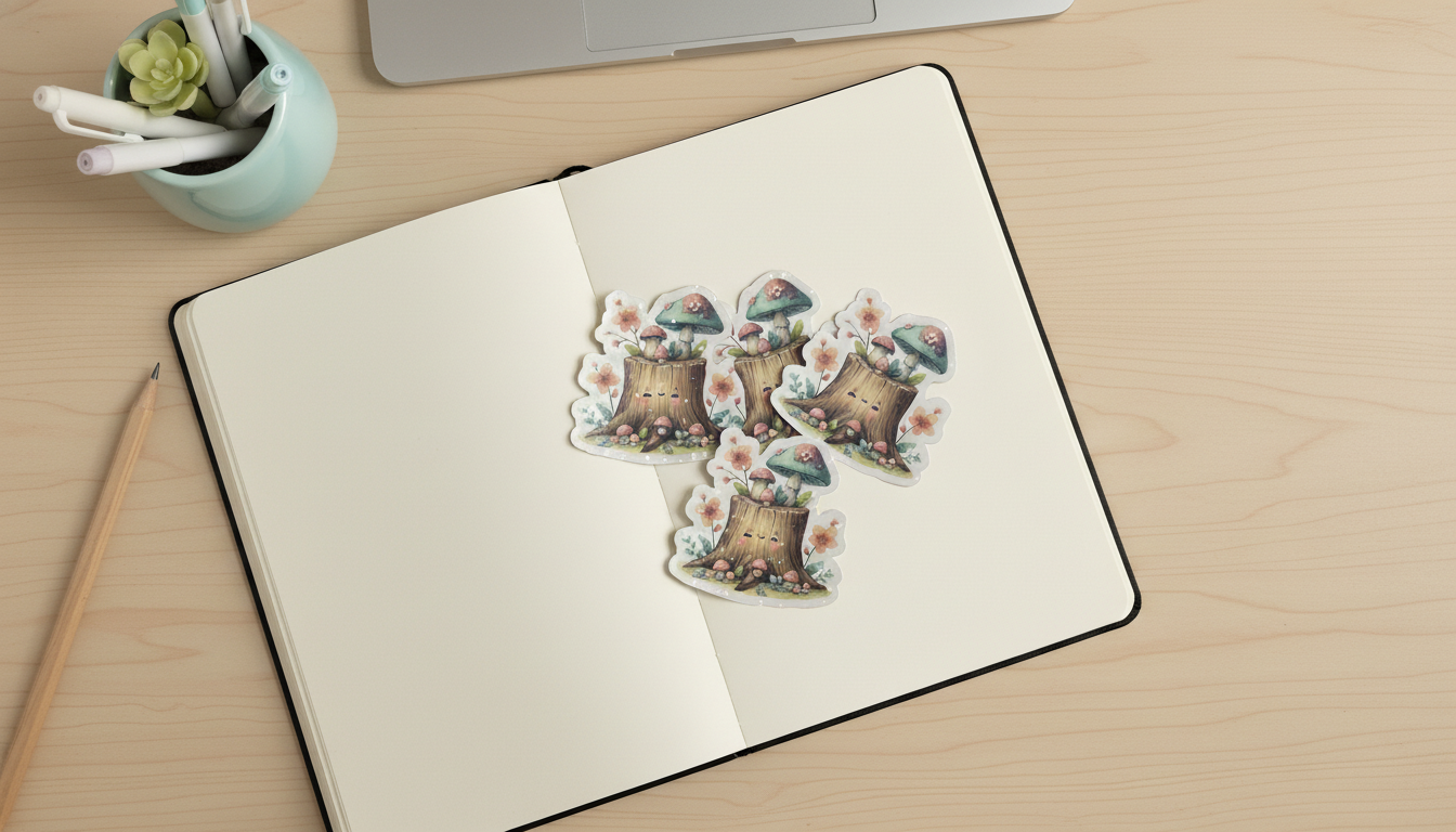 Kawaii Tree Stump Sticker – Cute Woodland Mushroom Vinyl Sticker (3”) for Planners, Journals & Water Bottles