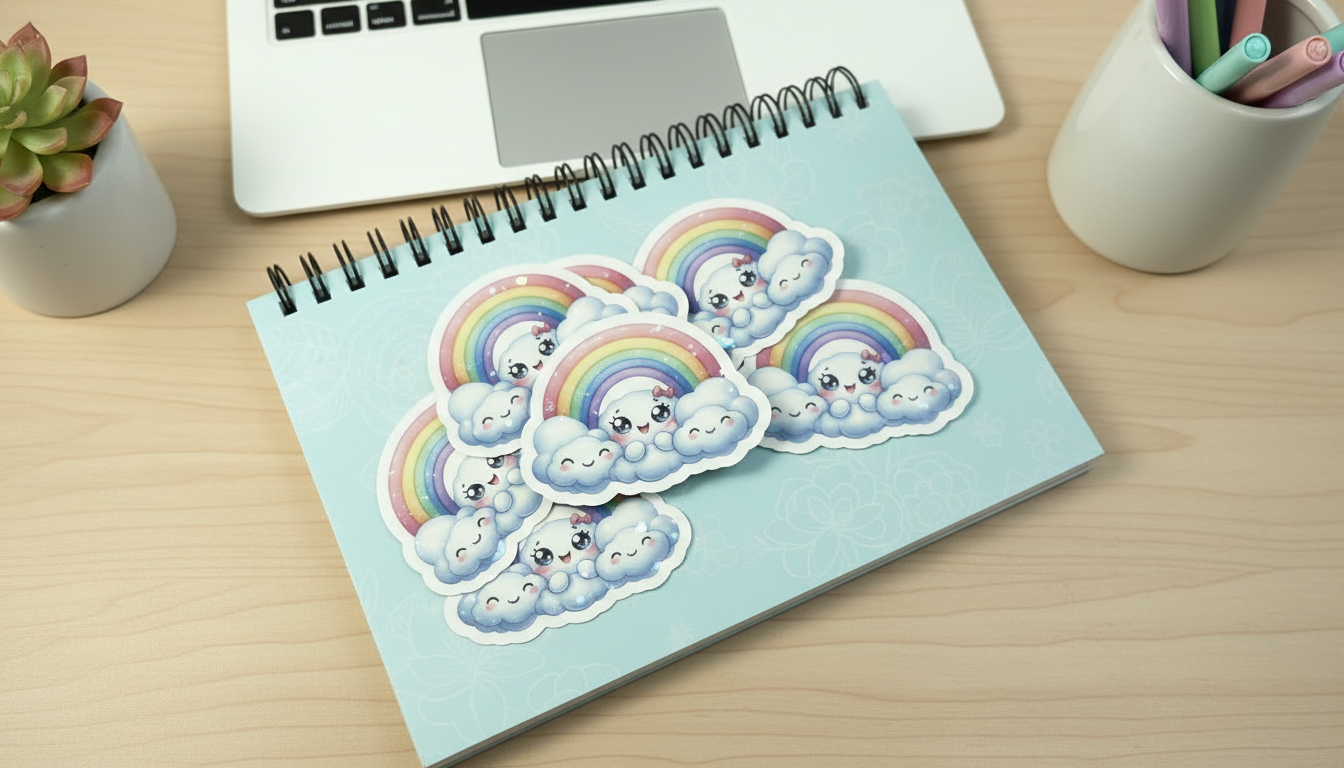 Kawaii Rainbow Cloud Sticker – Cute Pastel Sky Vinyl Sticker (3”) for Planners, Journals & Water Bottles