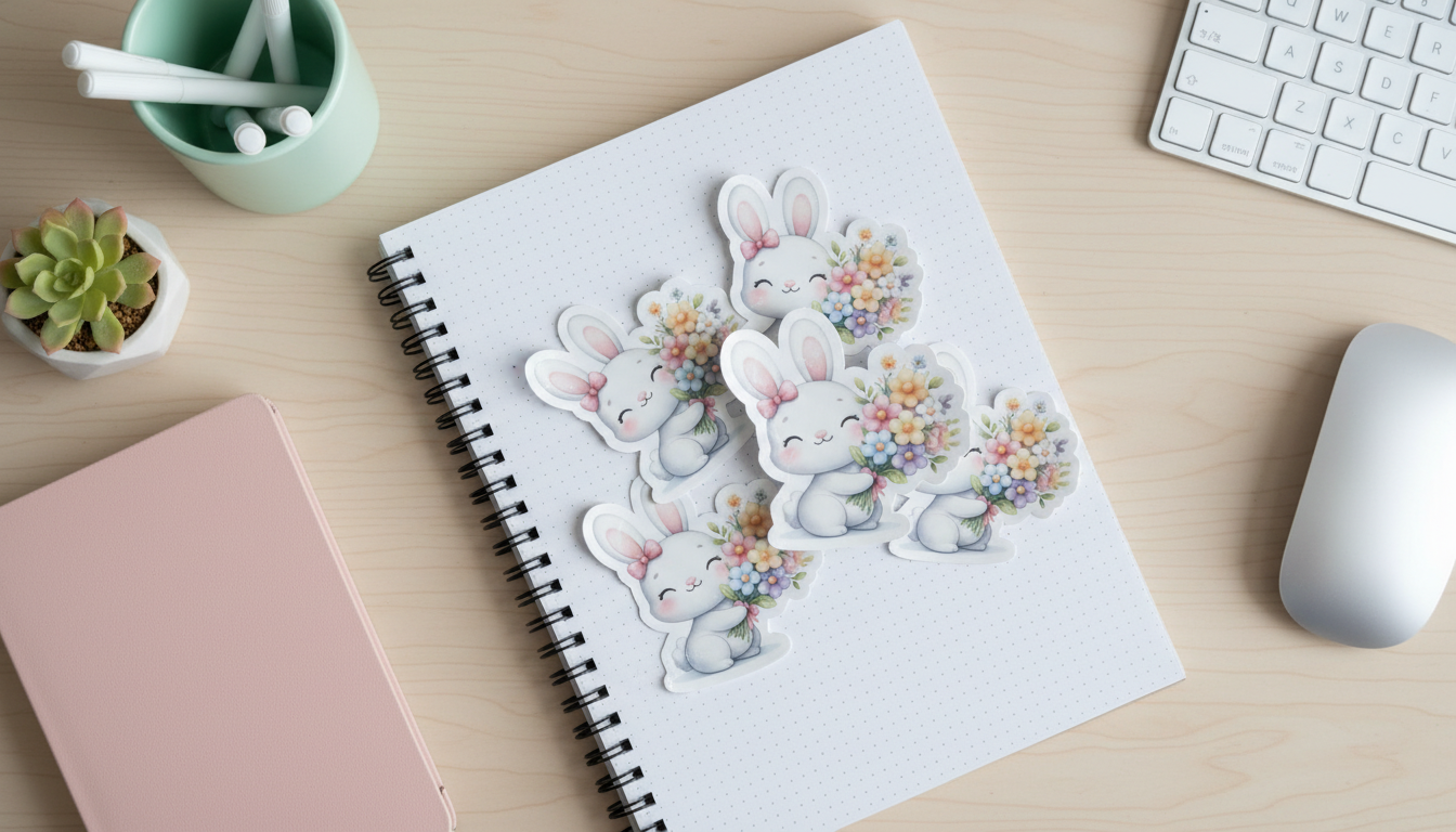 Kawaii Bunny Sticker – Cute Floral Rabbit Vinyl Sticker (3”) for Planners, Journals & Water Bottles