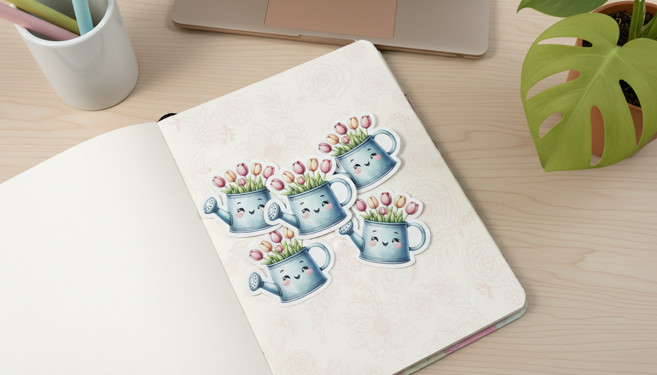 Kawaii Watering Can Sticker – Cute Tulip Garden Vinyl Sticker (3”) for Planners, Journals & Water Bottles
