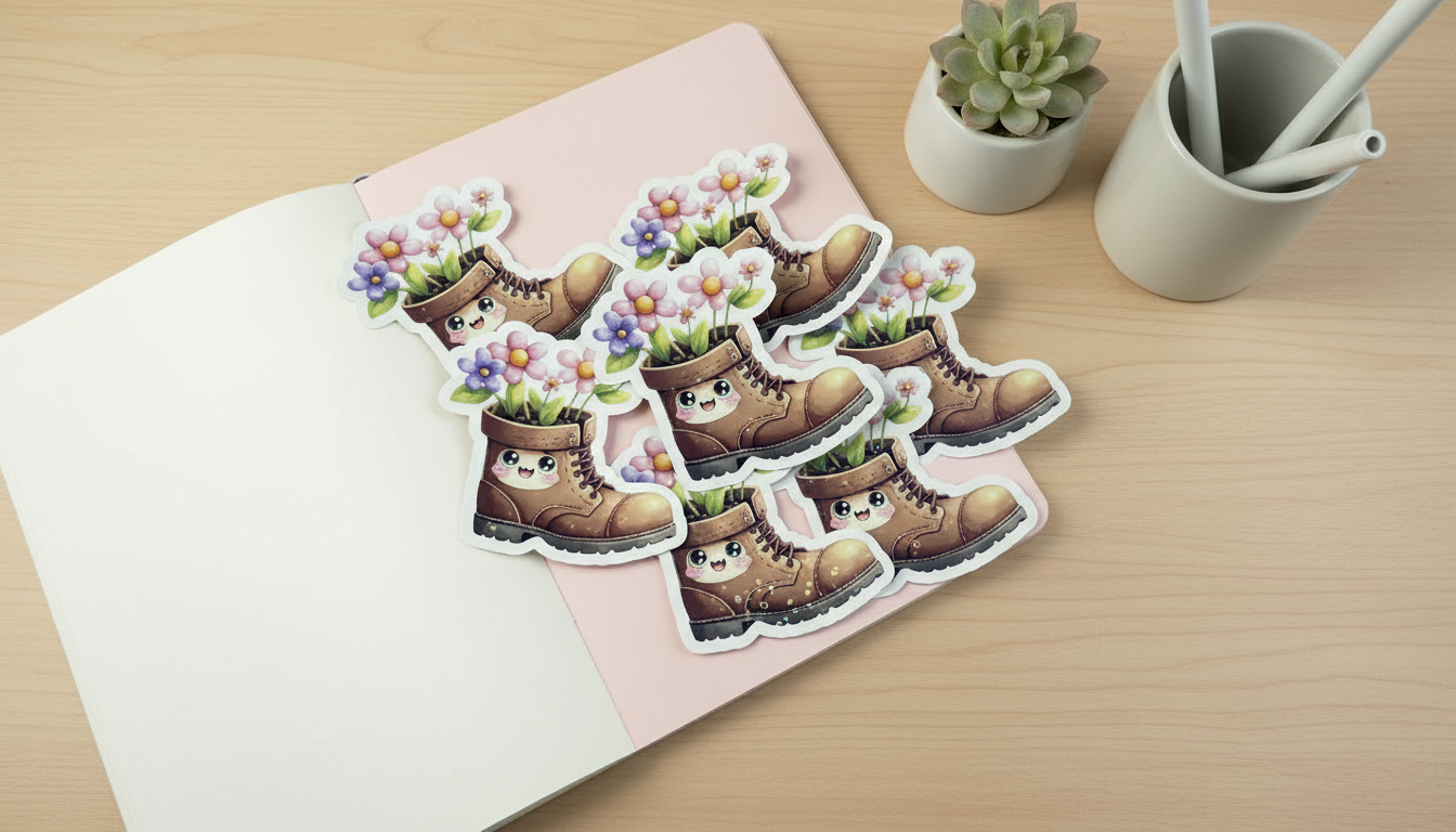 Kawaii Garden Boot Sticker – Cute Floral Planter Vinyl Sticker (3”) for Planners, Journals & Water Bottles