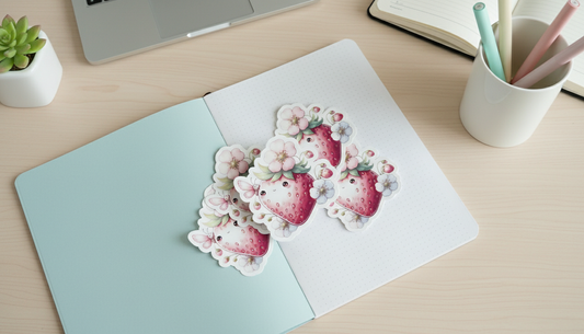 Kawaii Strawberry Sticker – Cute Floral Berry with Butterfly Vinyl Sticker (3”) for Planners & Journals